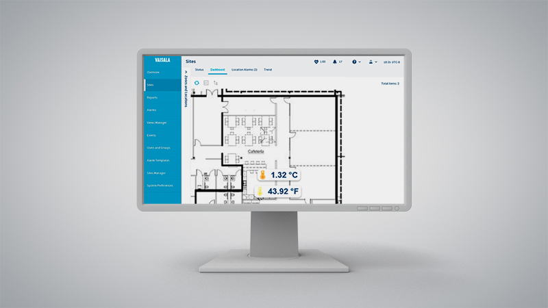 viewLinc customizable dashboard for quick view of monitored locations.