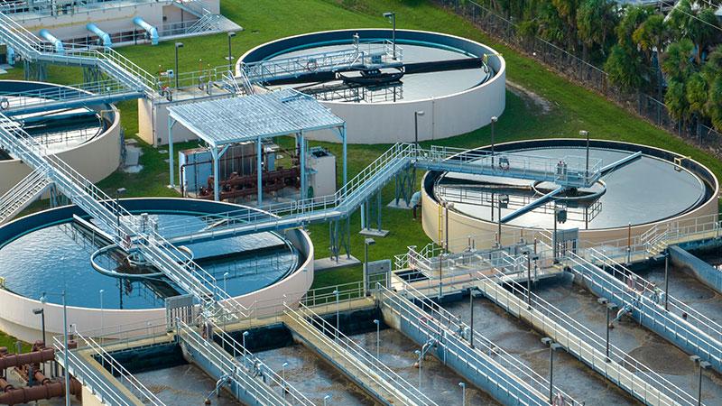 Aerial view of a modern water cleaning facility at urban wastewater treatment plant