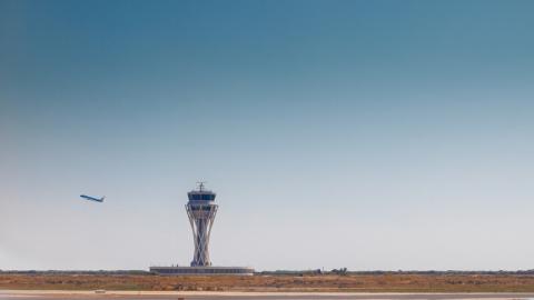 Plane taking off at El Prat airport in Barcelona, Spain