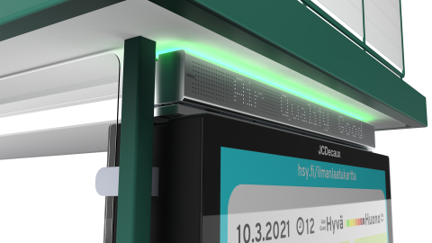 Illustration of a bus stop with air quality display.
