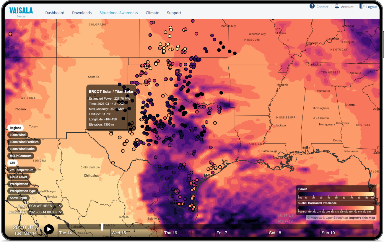 Map of Texas and surrounding states showing how Global Horizontal Irradiance affects solar energy production